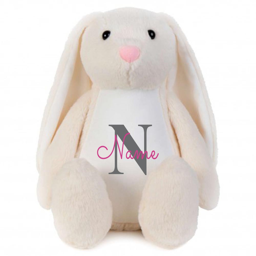 Stofftier Hase beige mit Name personalisiert Kuscheltier Stoffhase für Kinder Flauschiges Plüschtier 40cm Motiv Buchstabe