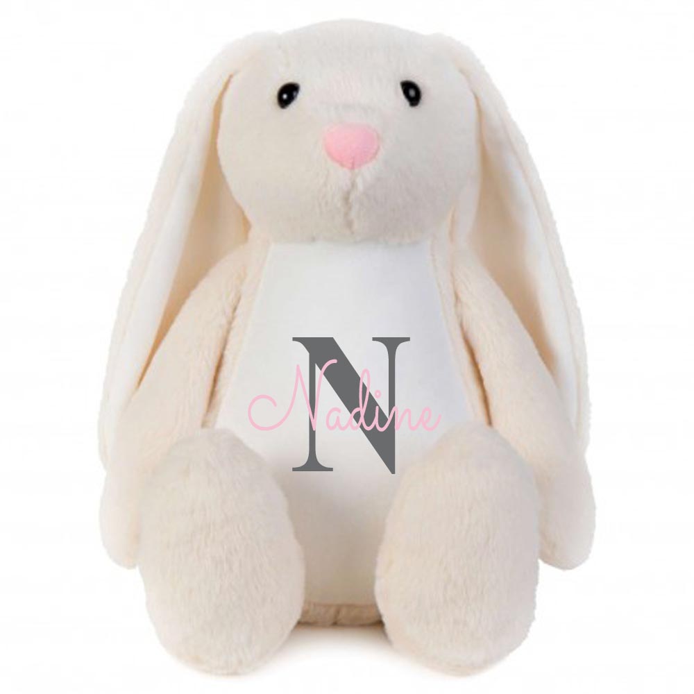 Stofftier Hase beige mit Name personalisiert Kuscheltier Stoffhase für Kinder Flauschiges Plüschtier 40cm Motiv Buchstabe