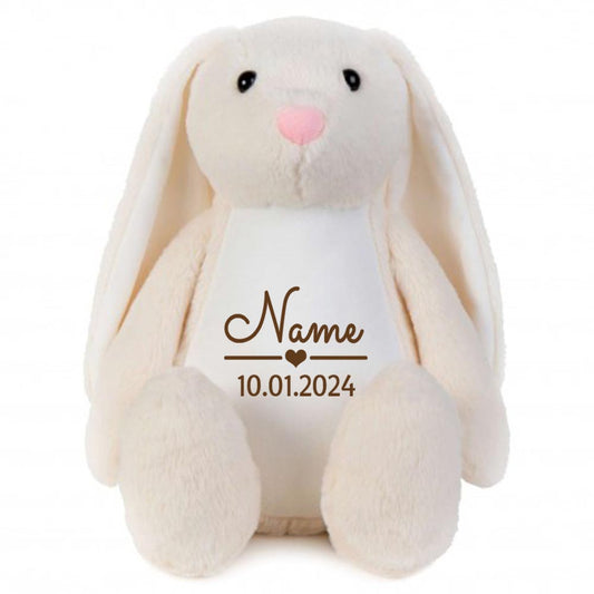 Stofftier Hase beige mit Name personalisiert Kuscheltier Stoffhase für Kinder Flauschiges Plüschtier 40cm Motiv Name und Datum