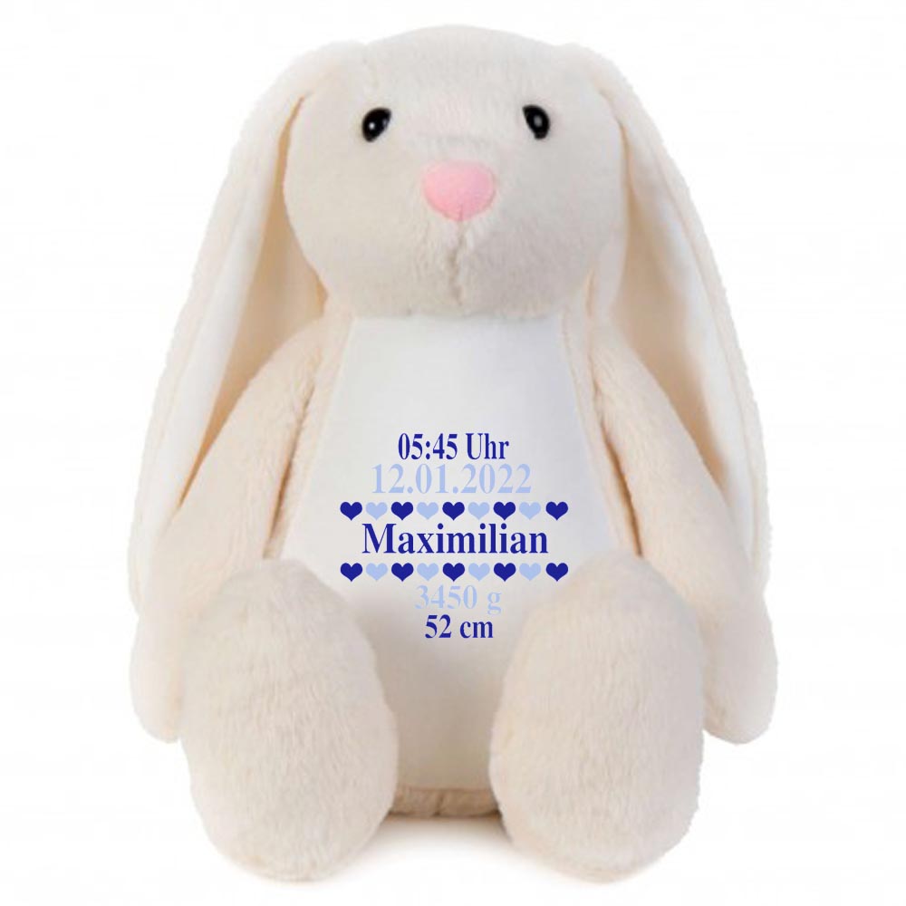Stofftier Hase beige mit Name personalisiert Kuscheltier Stoffhase für Kinder Flauschiges Plüschtier 40cm Motiv Geburt