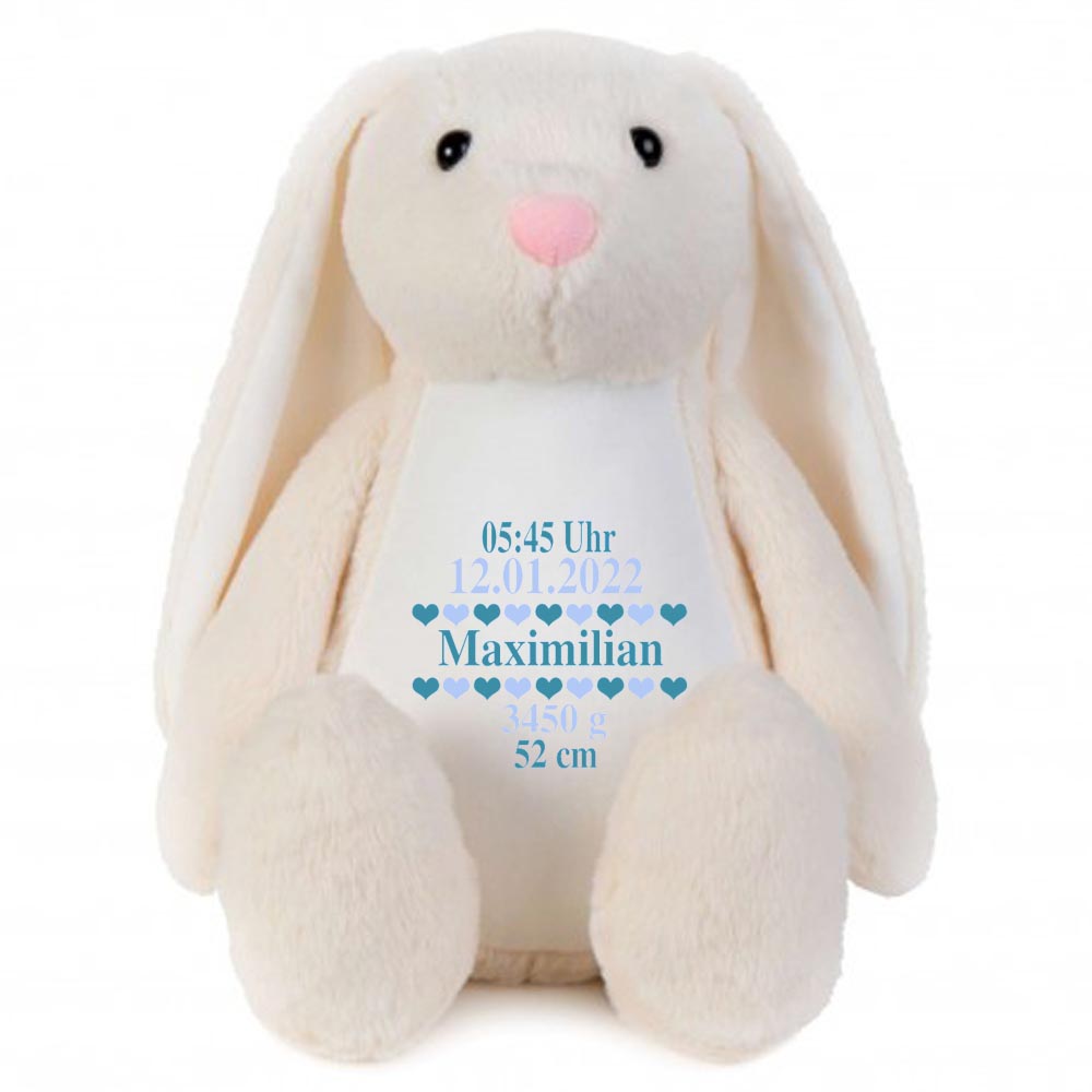 Stofftier Hase beige mit Name personalisiert Kuscheltier Stoffhase für Kinder Flauschiges Plüschtier 40cm Motiv Geburt