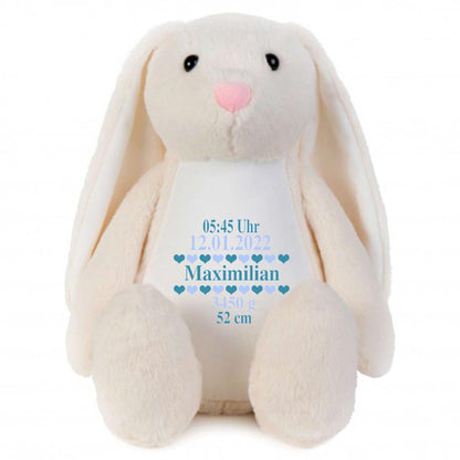 Stofftier Hase beige mit Name personalisiert Kuscheltier Stoffhase für Kinder Flauschiges Plüschtier 40cm Motiv Geburt