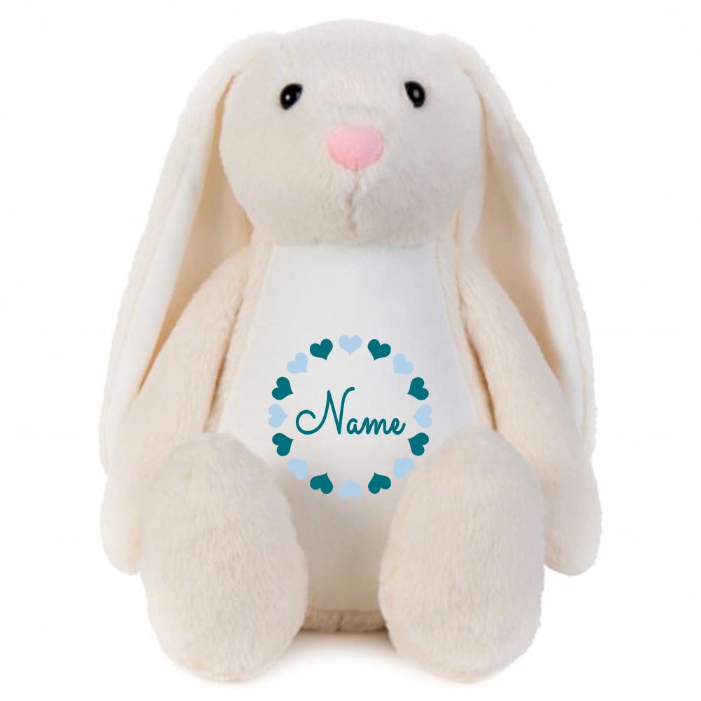Stofftier Hase beige mit Name personalisiert Kuscheltier Stoffhase für Kinder Flauschiges Plüschtier 40cm Motiv Herzkreis