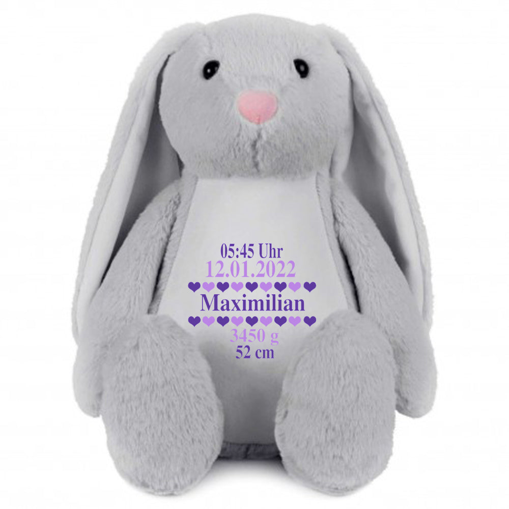 Stofftier Hase Grau mit Name personalisiert Kuscheltier Stoffhase für Kinder Flauschiges Plüschtier 40cm Motiv Geburt