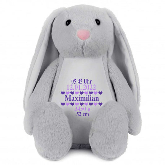 Stofftier Hase Grau mit Name personalisiert Kuscheltier Stoffhase für Kinder Flauschiges Plüschtier 40cm Motiv Geburt