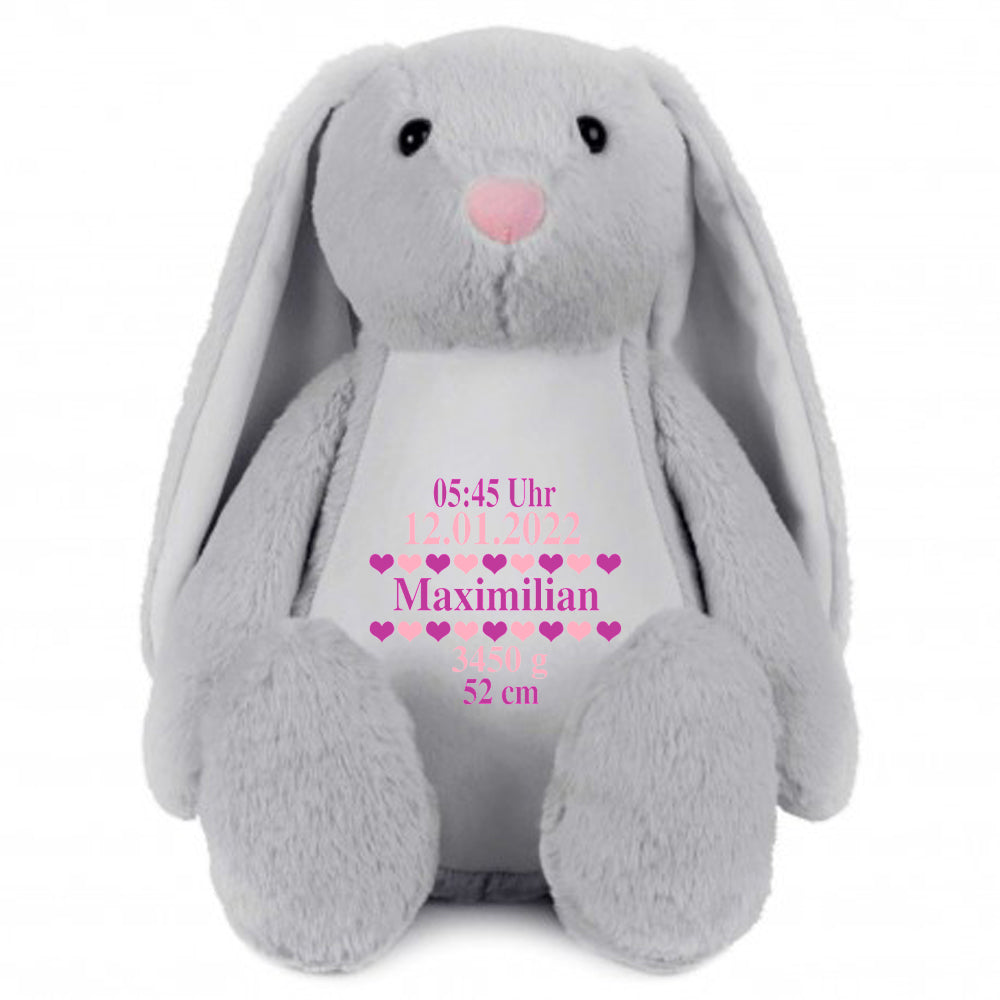 Stofftier Hase Grau mit Name personalisiert Kuscheltier Stoffhase für Kinder Flauschiges Plüschtier 40cm Motiv Geburt