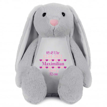 Stofftier Hase Grau mit Name personalisiert Kuscheltier Stoffhase für Kinder Flauschiges Plüschtier 40cm Motiv Geburt