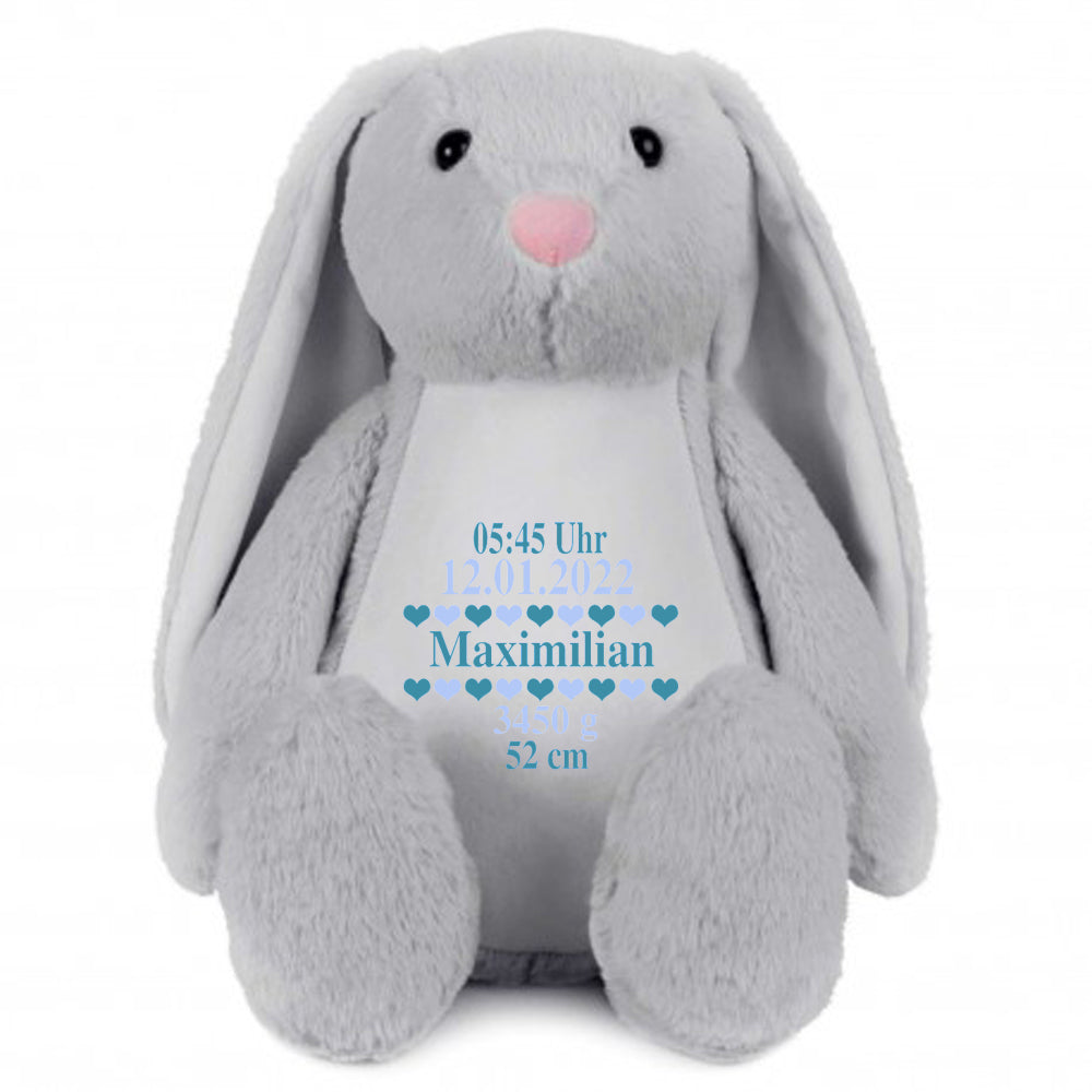 Stofftier Hase Grau mit Name personalisiert Kuscheltier Stoffhase für Kinder Flauschiges Plüschtier 40cm Motiv Geburt