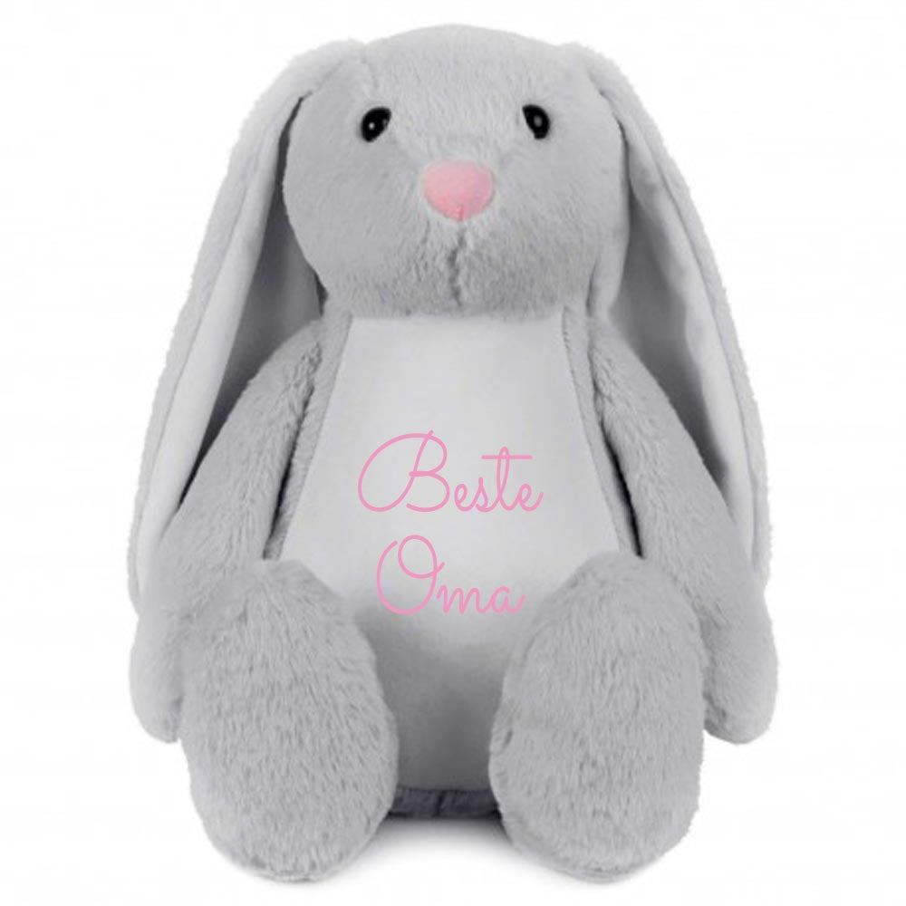 Stofftier Hase Grau mit Name personalisiert Kuscheltier Stoffhase für Kinder Flauschiges Plüschtier 40cm