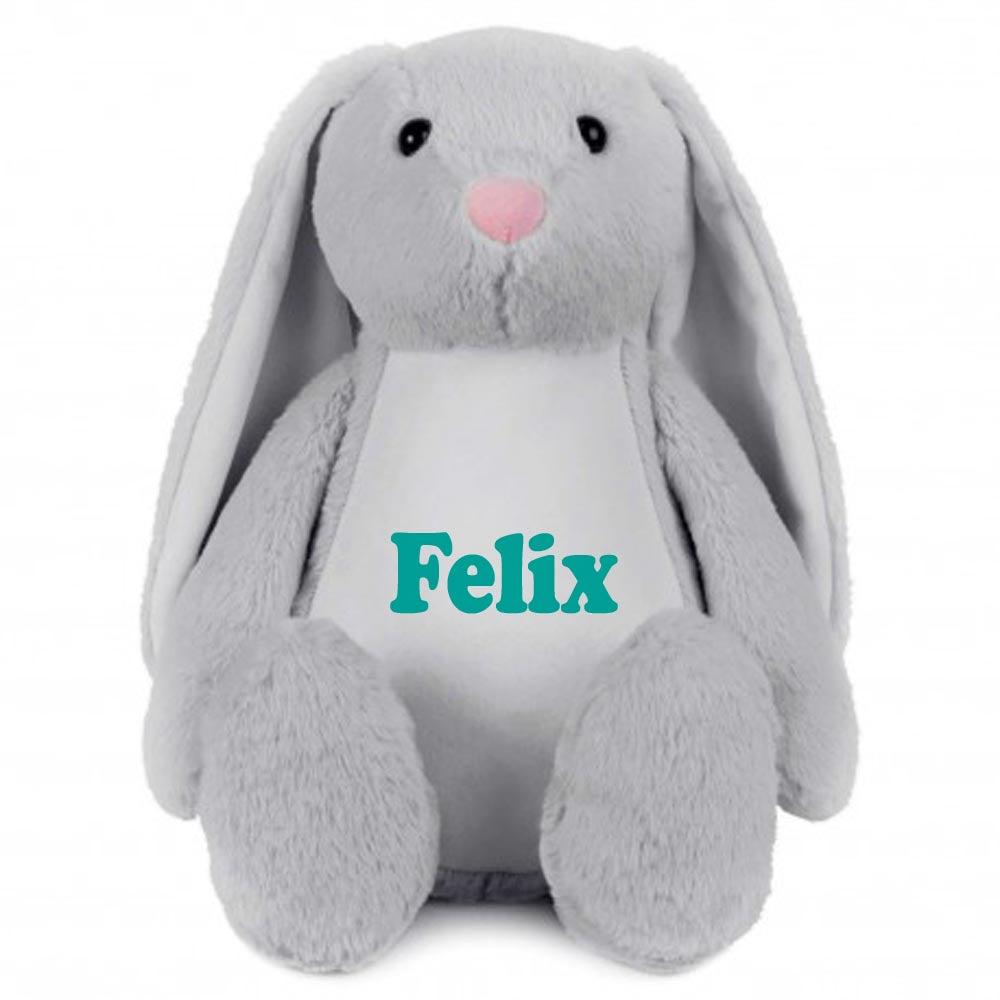 Stofftier Hase Grau mit Name personalisiert Kuscheltier Stoffhase für Kinder Flauschiges Plüschtier 40cm