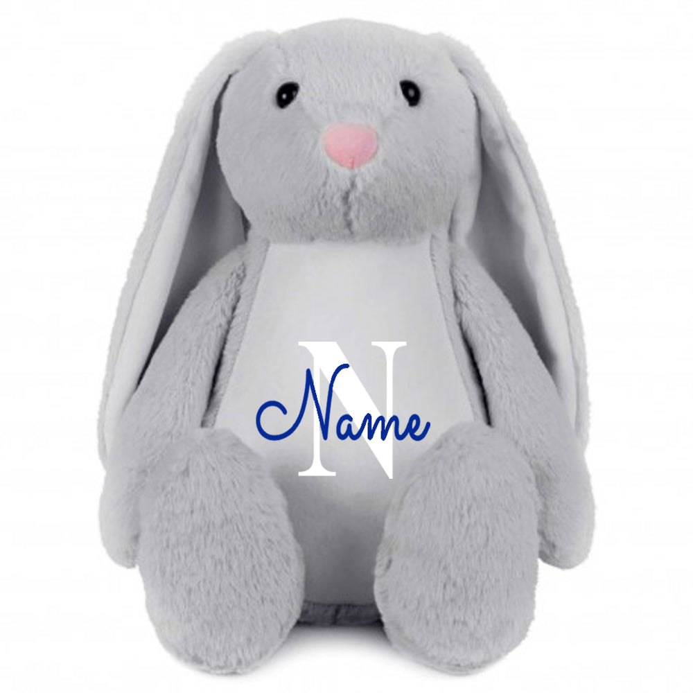 Stofftier Hase Grau mit Name personalisiert Kuscheltier Stoffhase für Kinder Flauschiges Plüschtier 40cm Motiv Buchstabe