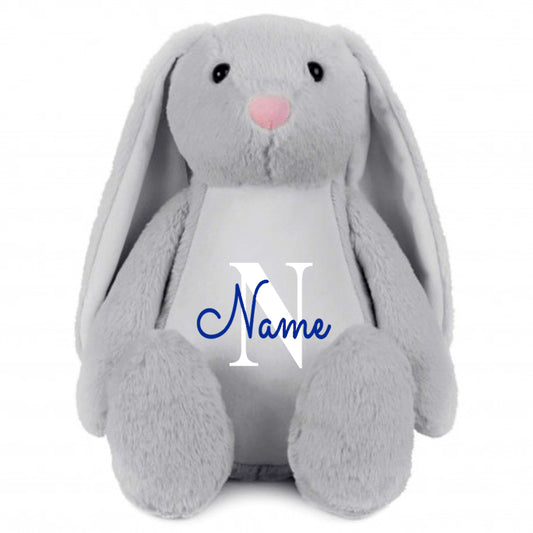 Stofftier Hase Grau mit Name personalisiert Kuscheltier Stoffhase für Kinder Flauschiges Plüschtier 40cm Motiv Buchstabe