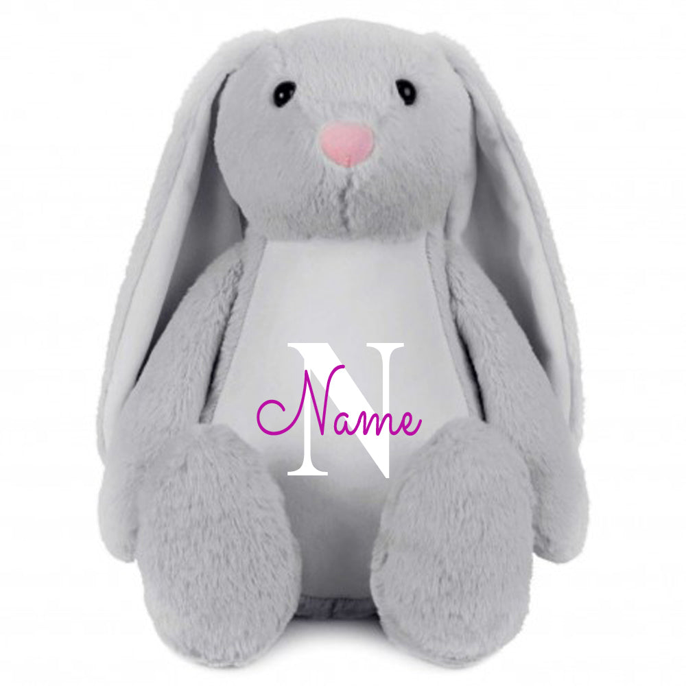 Stofftier Hase Grau mit Name personalisiert Kuscheltier Stoffhase für Kinder Flauschiges Plüschtier 40cm Motiv Buchstabe