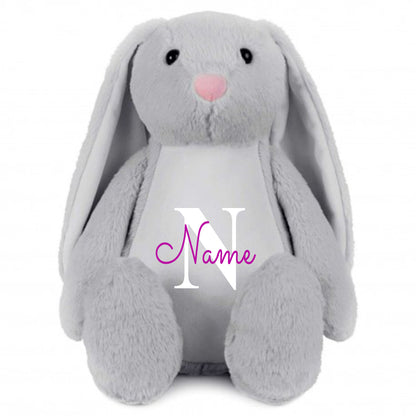 Stofftier Hase Grau mit Name personalisiert Kuscheltier Stoffhase für Kinder Flauschiges Plüschtier 40cm Motiv Buchstabe