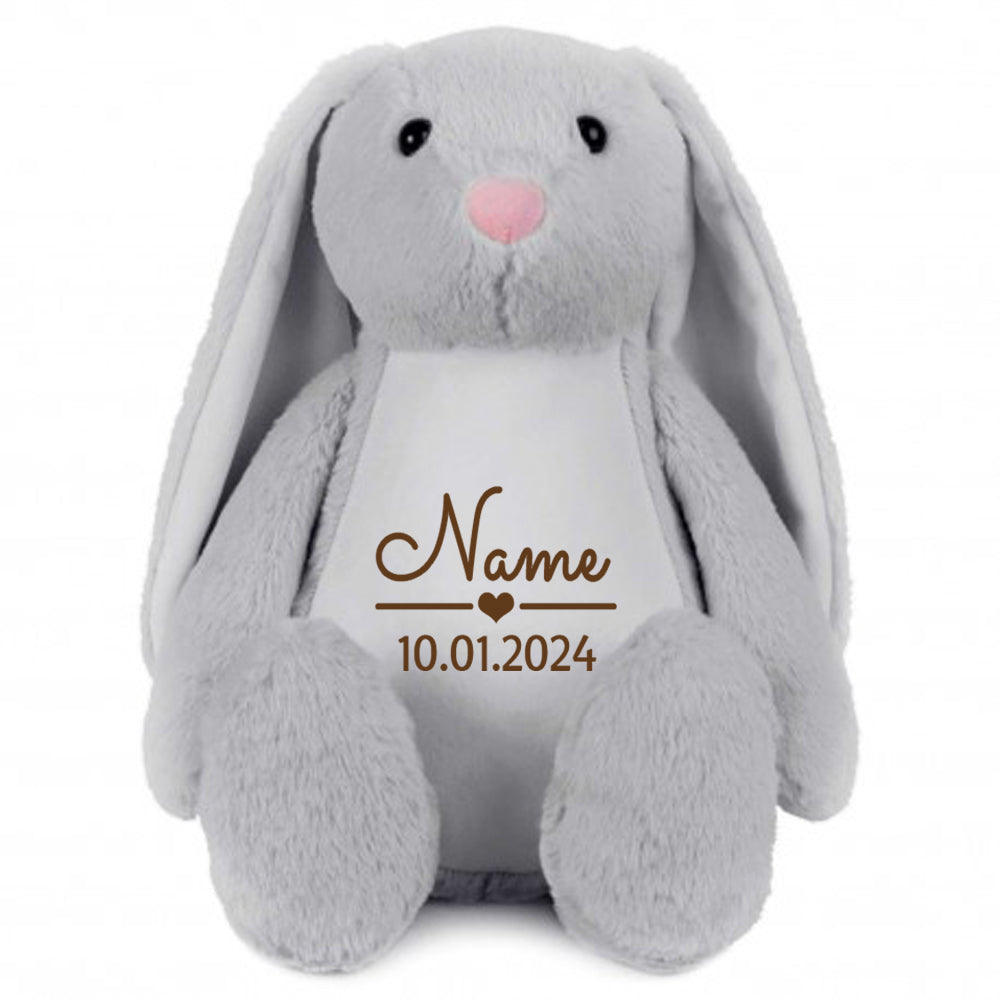 Stofftier Hase Grau mit Name personalisiert Kuscheltier Stoffhase für Kinder Flauschiges Plüschtier 40cm Motiv Name und Datum