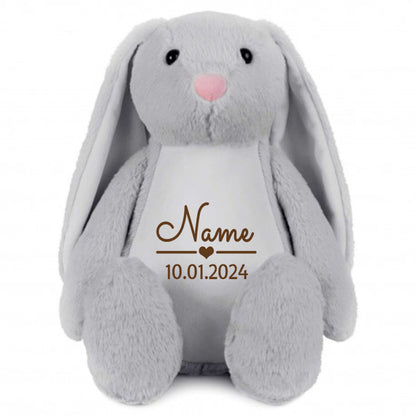 Stofftier Hase Grau mit Name personalisiert Kuscheltier Stoffhase für Kinder Flauschiges Plüschtier 40cm Motiv Name und Datum