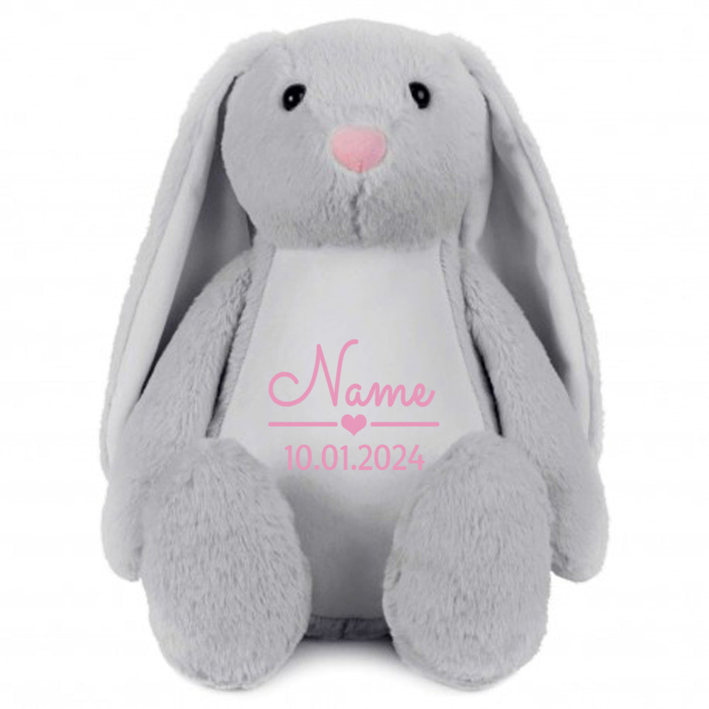 Stofftier Hase Grau mit Name personalisiert Kuscheltier Stoffhase für Kinder Flauschiges Plüschtier 40cm Motiv Name und Datum