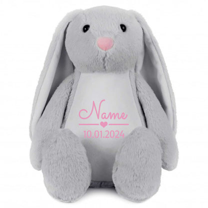 Stofftier Hase Grau mit Name personalisiert Kuscheltier Stoffhase für Kinder Flauschiges Plüschtier 40cm Motiv Name und Datum