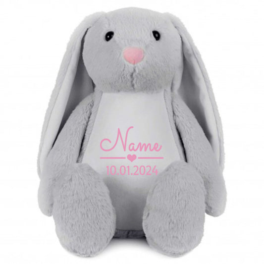 Stofftier Hase Grau mit Name personalisiert Kuscheltier Stoffhase für Kinder Flauschiges Plüschtier 40cm Motiv Name und Datum