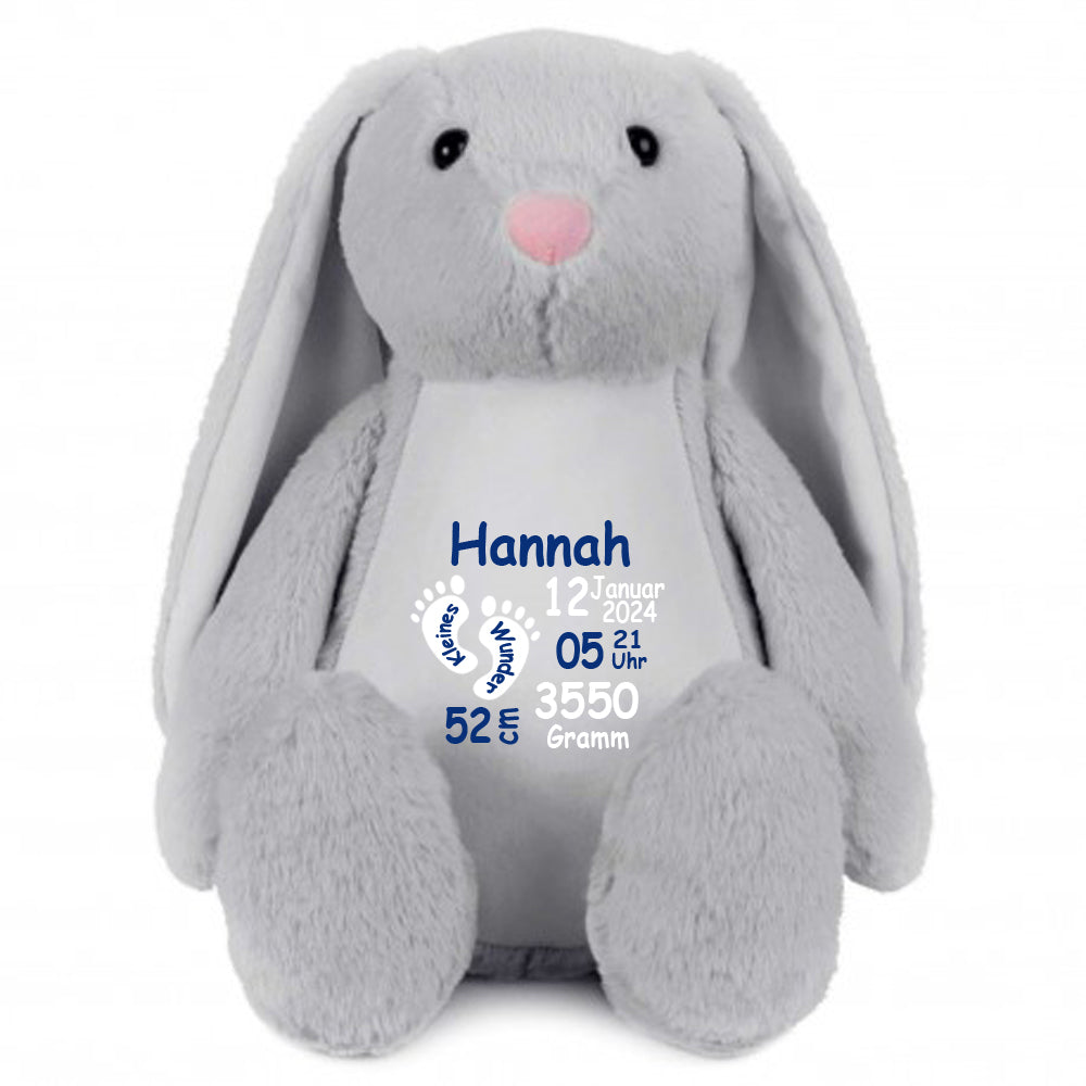 Stofftier Hase Grau mit Name personalisiert Kuscheltier Stoffhase für Kinder Flauschiges Plüschtier 40cm Motiv Füßchen