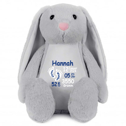 Stofftier Hase Grau mit Name personalisiert Kuscheltier Stoffhase für Kinder Flauschiges Plüschtier 40cm Motiv Füßchen