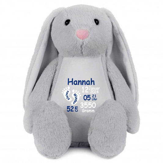 Stofftier Hase Grau mit Name personalisiert Kuscheltier Stoffhase für Kinder Flauschiges Plüschtier 40cm Motiv Füßchen