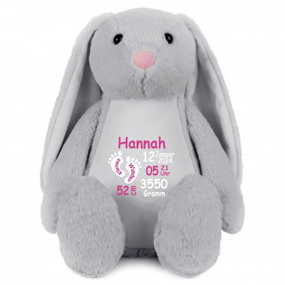 Stofftier Hase Grau mit Name personalisiert Kuscheltier Stoffhase für Kinder Flauschiges Plüschtier 40cm Motiv Füßchen