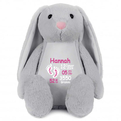 Stofftier Hase Grau mit Name personalisiert Kuscheltier Stoffhase für Kinder Flauschiges Plüschtier 40cm Motiv Füßchen