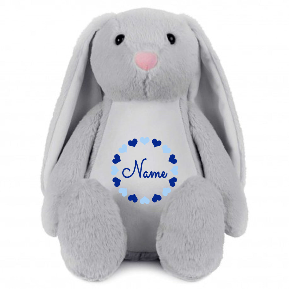 Stofftier Hase Grau mit Name personalisiert Kuscheltier Stoffhase für Kinder Flauschiges Plüschtier 40cm Motiv Herzkreis