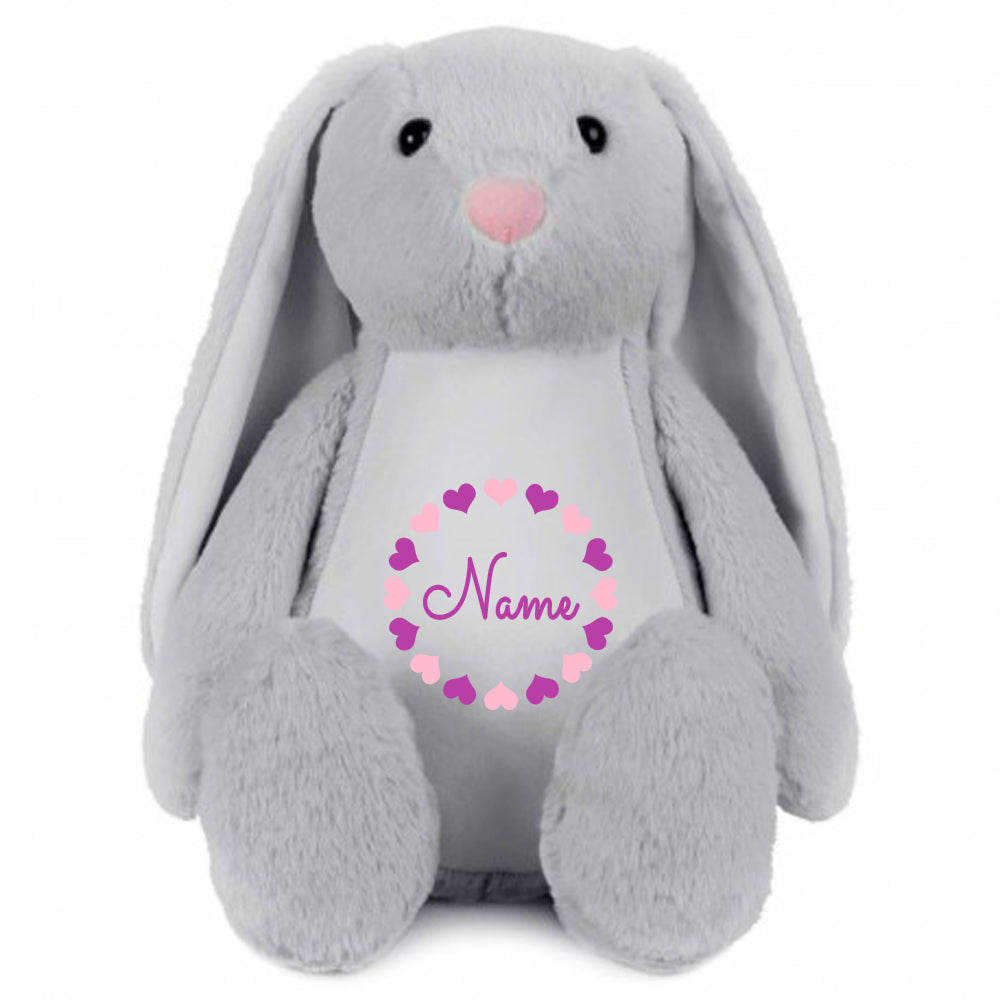 Stofftier Hase Grau mit Name personalisiert Kuscheltier Stoffhase für Kinder Flauschiges Plüschtier 40cm Motiv Herzkreis
