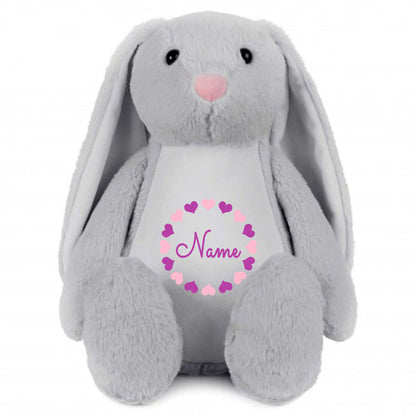 Stofftier Hase Grau mit Name personalisiert Kuscheltier Stoffhase für Kinder Flauschiges Plüschtier 40cm Motiv Herzkreis