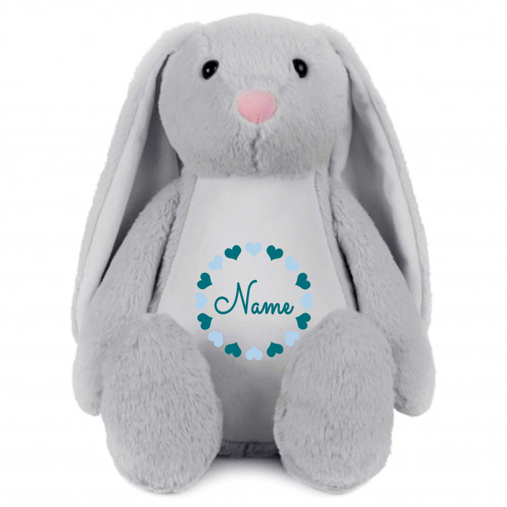 Stofftier Hase Grau mit Name personalisiert Kuscheltier Stoffhase für Kinder Flauschiges Plüschtier 40cm Motiv Herzkreis