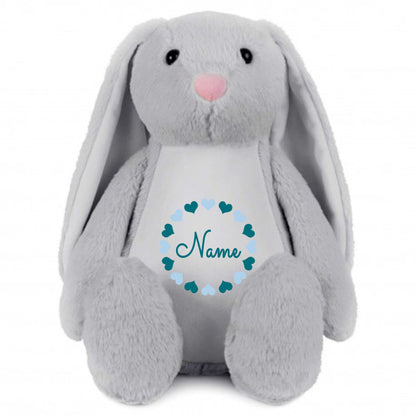 Stofftier Hase Grau mit Name personalisiert Kuscheltier Stoffhase für Kinder Flauschiges Plüschtier 40cm Motiv Herzkreis