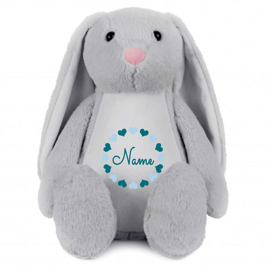 Stofftier Hase Grau mit Name personalisiert Kuscheltier Stoffhase für Kinder Flauschiges Plüschtier 40cm Motiv Herzkreis