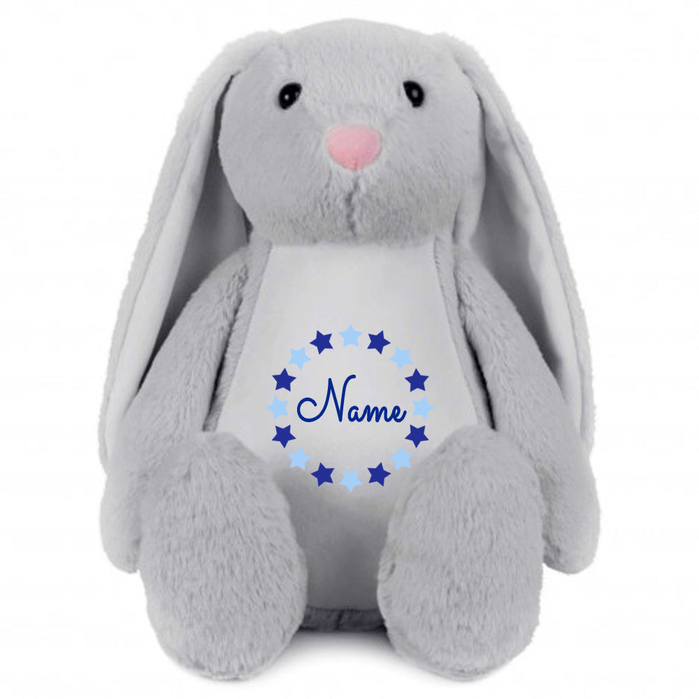 Stofftier Hase Grau mit Name personalisiert Kuscheltier Stoffhase für Kinder Flauschiges Plüschtier 40cm Motiv Sternkreis