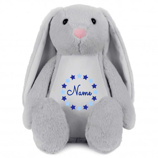 Stofftier Hase Grau mit Name personalisiert Kuscheltier Stoffhase für Kinder Flauschiges Plüschtier 40cm Motiv Sternkreis