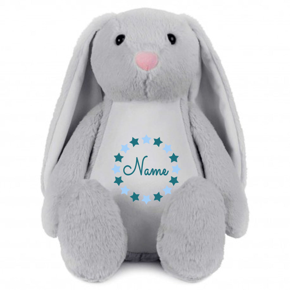 Stofftier Hase Grau mit Name personalisiert Kuscheltier Stoffhase für Kinder Flauschiges Plüschtier 40cm Motiv Sternkreis