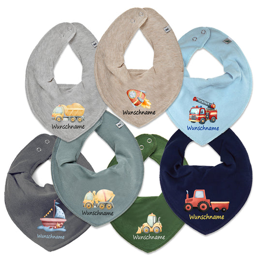 Personalisiertes HALSTUCH für Baby oder Kind aus Baumwolle in Einheitsgröße mit Motiv Auswahl Fahrzeug und Wunschname bedruckt