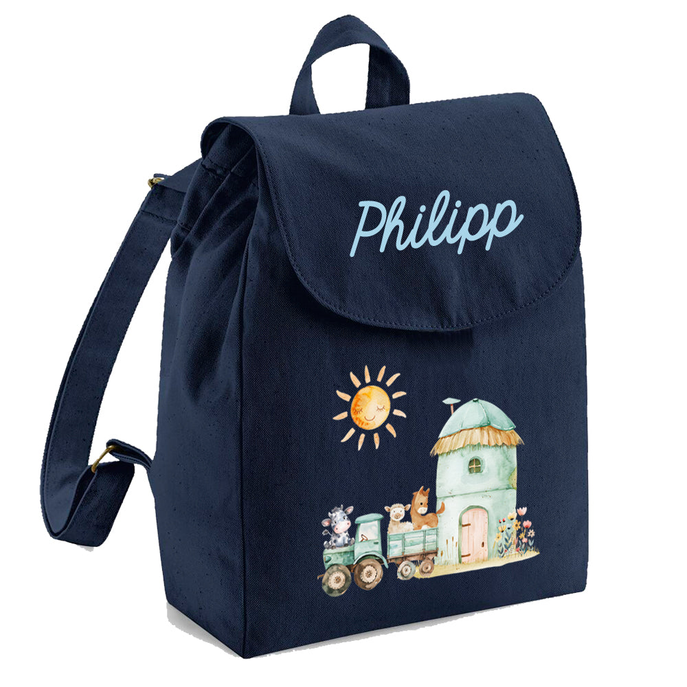 Personalisierter Rucksack aus Bio Baumwolle Kinderrucksack Name und Motiv Bauernhof bedruckt verschiedene Farben