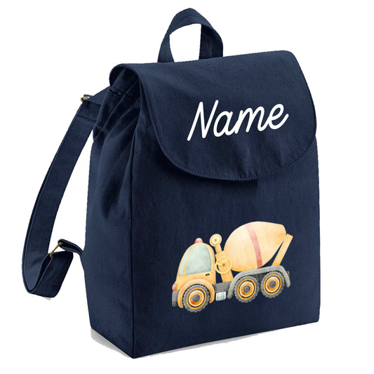 Personalisierter Rucksack aus Bio Baumwolle Kinderrucksack Name und Fahrzeug Motiv bedruckt verschiedene Farben
