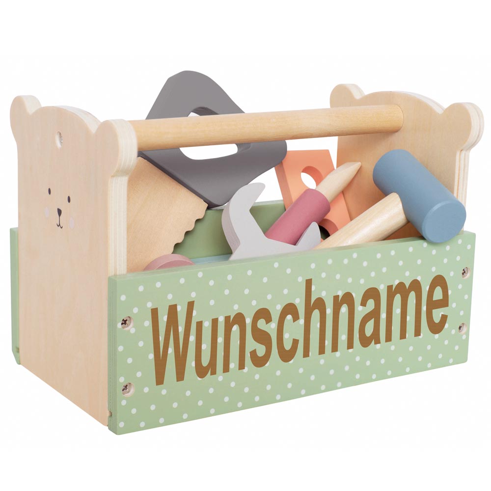 Werkzeugkiste Werkzeugkasten aus Holz Teddy personalisiert mit Name Baby Geschenk mit Gravur