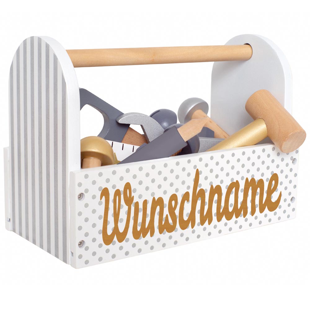 Werkzeugkiste Werkzeugkasten aus Holz grau personalisiert mit Name Baby Geschenk mit Gravur