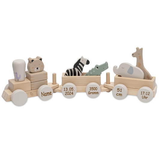 Spielzeugeisenbahn Holzzug für Kinder ab 12 Monate personalisiert mit Name und Geburtsdaten Safari