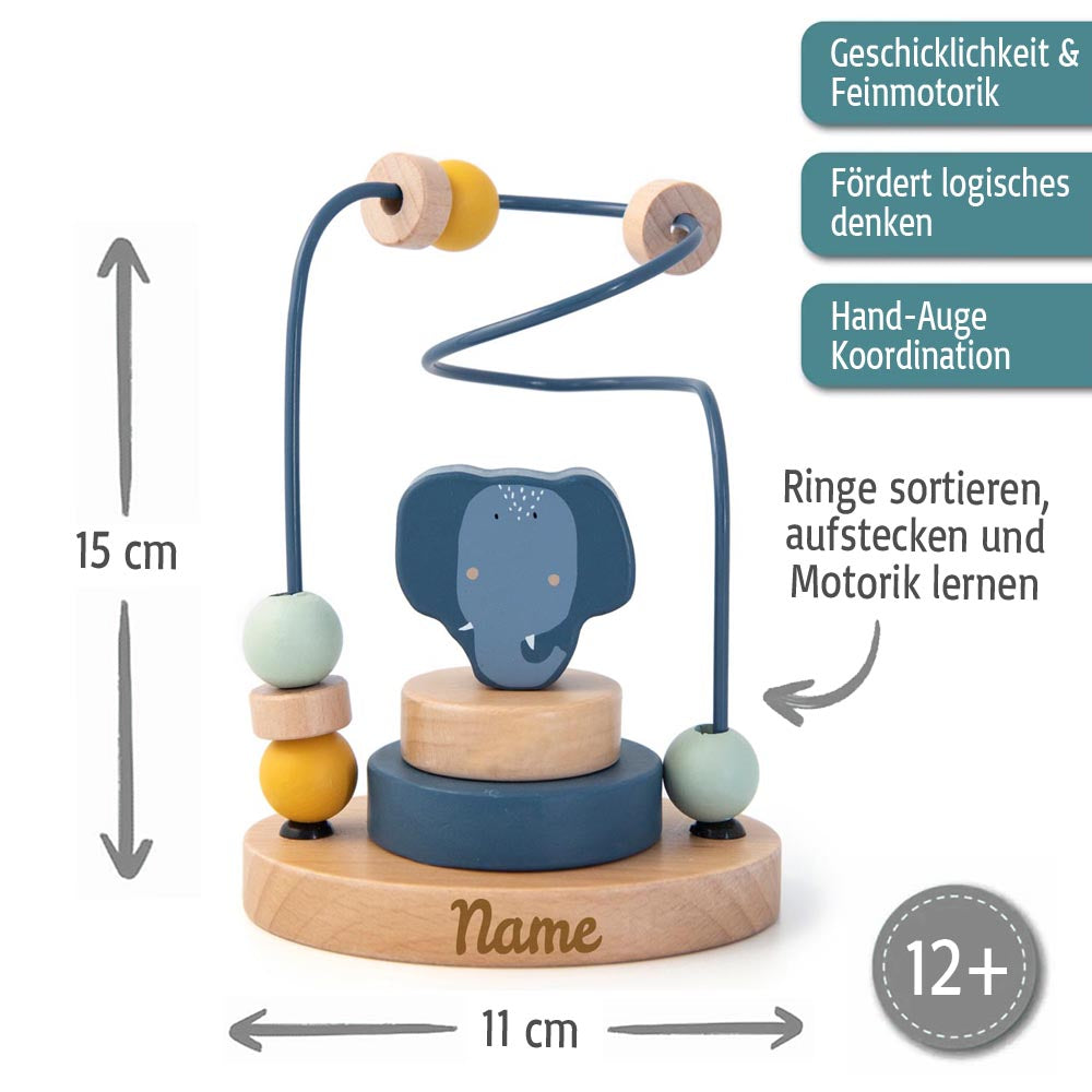 Trixie Mini Motorikschleife aus Holz PERSONALISIERT Steckspiel mit Namen graviert Geschenk zur Geburt Elefant