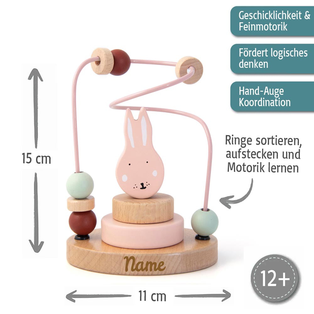 Trixie Mini Motorikschleife aus Holz PERSONALISIERT Steckspiel mit Namen graviert Geschenk zur Geburt Hase