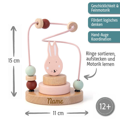 Trixie Mini Motorikschleife aus Holz PERSONALISIERT Steckspiel mit Namen graviert Geschenk zur Geburt Hase