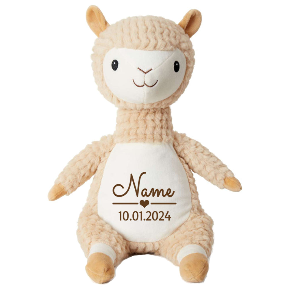 Stofftier Alpaka mit Name personalisiert Kuscheltier für Kinder Flauschiges Plüschtier 40cm Motiv Name und Datum