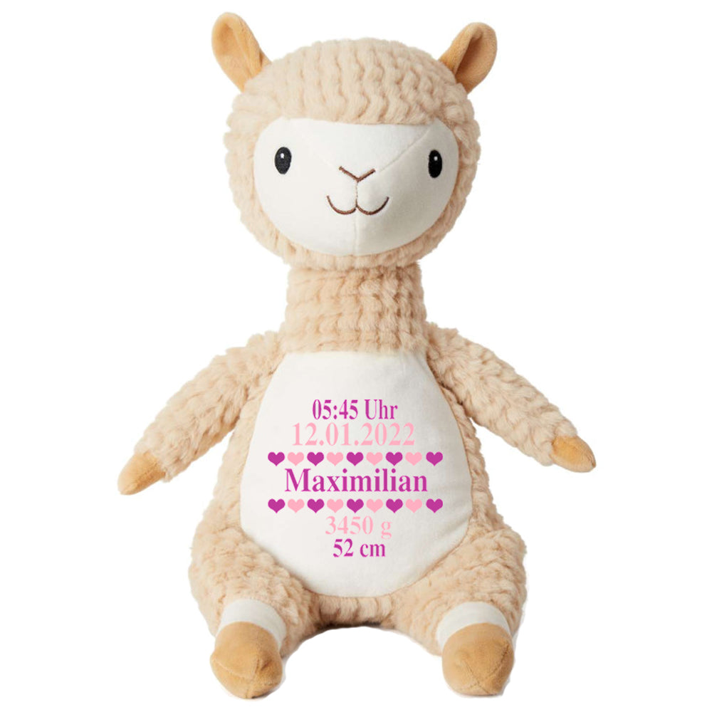 Stofftier Alpaka mit Name personalisiert Kuscheltier für Kinder Flauschiges Plüschtier 40cm Motiv Geburt