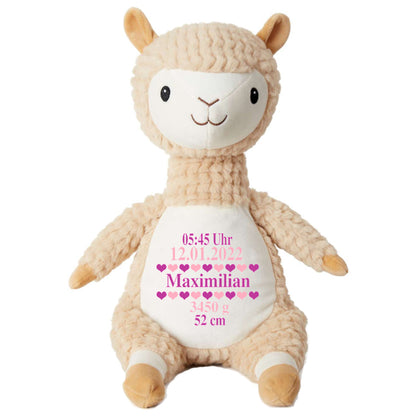 Stofftier Alpaka mit Name personalisiert Kuscheltier für Kinder Flauschiges Plüschtier 40cm Motiv Geburt