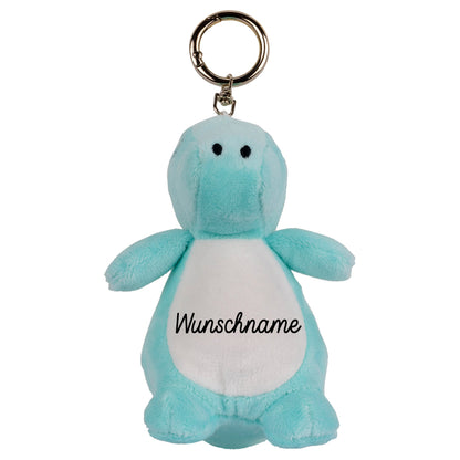 Stofftier Schlüsselanhänger mit Schnellöffner, Personalisierbar mit Name oder Text, Anhänger 16cm Dino